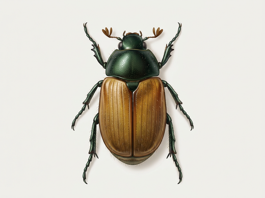 Tuinbladkever (Phyllopertha horticola) van bovenaf, groene pronotum en roodbruine vleugeldekveren