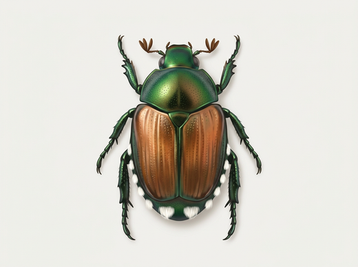 Japanse kever (Popillia japonica) van bovenaf, groene pronotum, koperbruine vleugeldekveren en witte plukjes haar aan de zijkanten