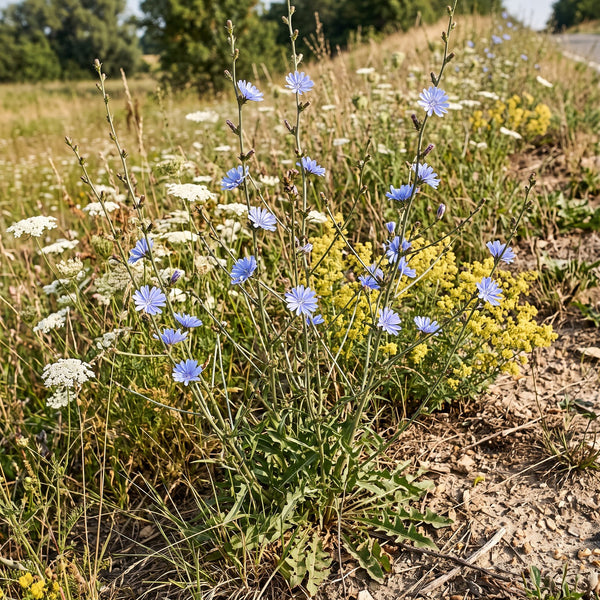 Gemeine Wegwarte (Cichorium intybus) in Blüte im naturnahen Garten (KI-generiert)