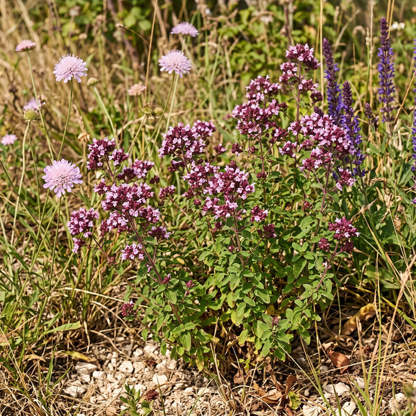 Gewöhnlicher Dost (Origanum vulgare) in Blüte im naturnahen Garten (KI-generiert)
