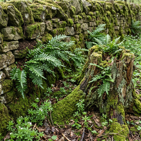 Gewöhnlicher Tüpfelfarn (Polypodium vulgare) in Blüte im naturnahen Garten (KI-generiert)