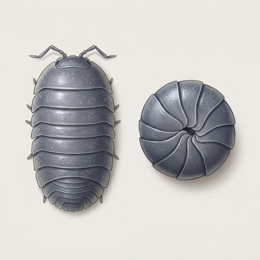 Pissebed (Armadillidium vulgare) van bovenaf, daarnaast een dier opgerold tot een bal