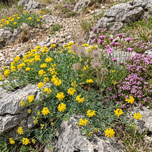 Hufeisenklee (Hippocrepis comosa) in Blüte im naturnahen Garten (KI-generiert)