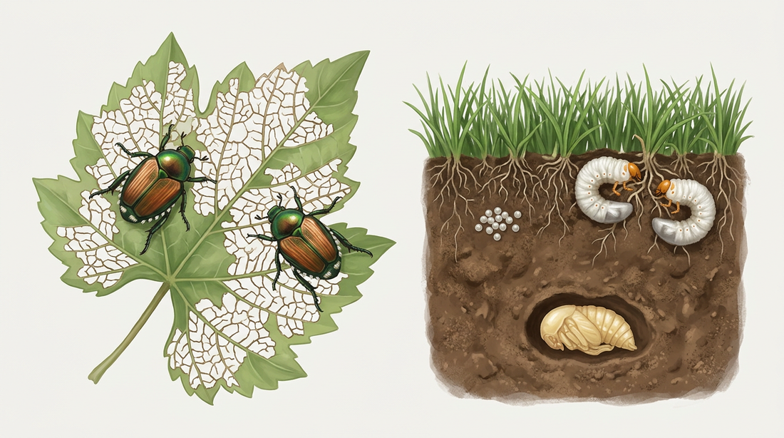 Ontwikkeling van de Japanse kever: twee groenkoperen kevers met plukjes wit haar op een tot in de nerven afgevreten wijnblad, daarnaast een snede door het gazon en vermalen met eieren, C-vormige larven op de graswortels en een pop