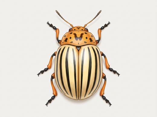 Kartoffelkäfer (Leptinotarsa decemlineata) von oben, gelbe Flügeldecken mit schwarzen Längsstreifen