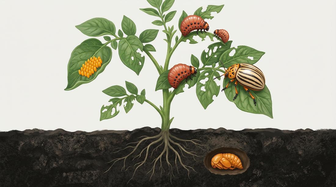 Ontwikkeling van de Coloradokever: Aardappelplant met een oranjegeel eierkoppeling op een blad, roodoranje larven met zwarte stippenrijen en een geelzwartgestreepte kever, inclusief een pop in een gat in de grond