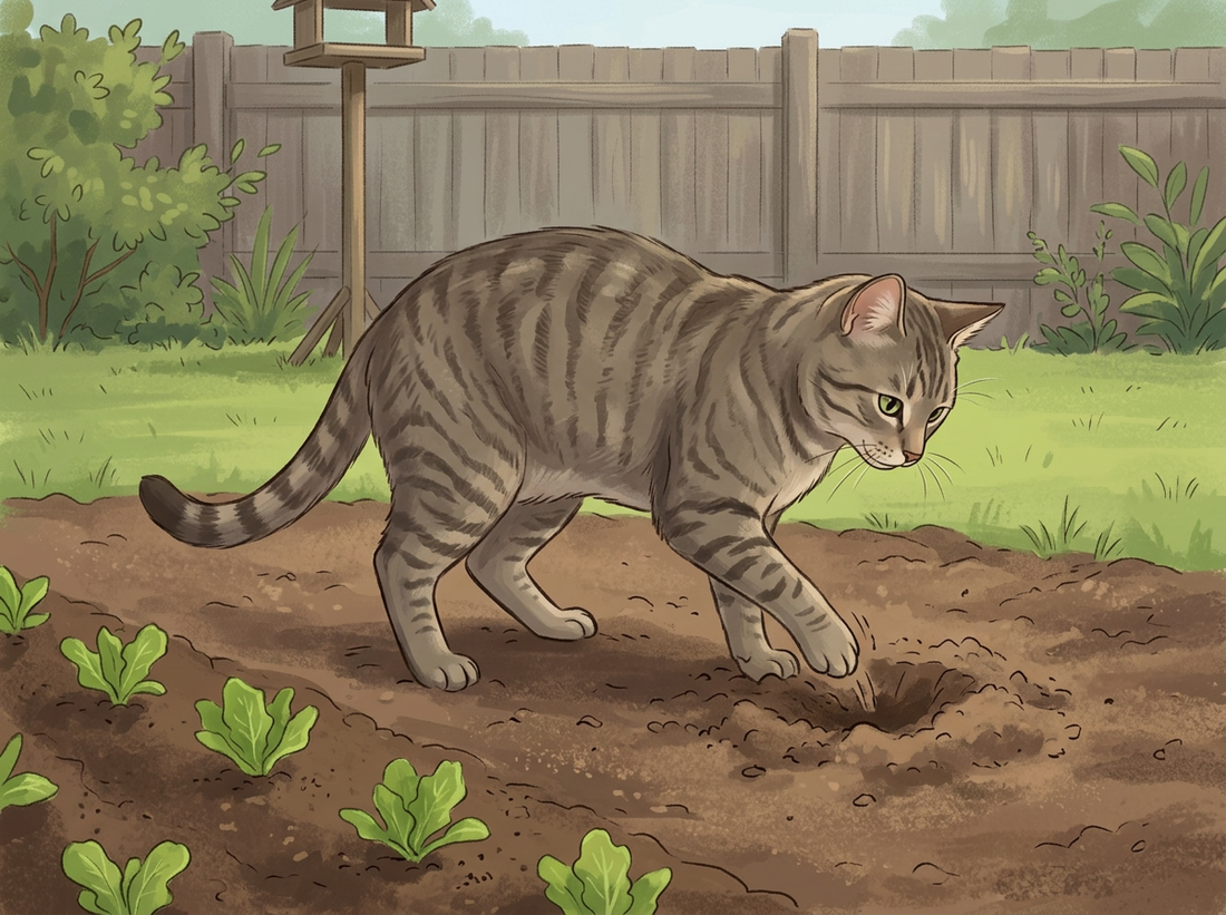 Illustratie: Een binnenlandse Cyperse kat pootjes in de losse grond van een vers geplante moestuin voor een houten hek