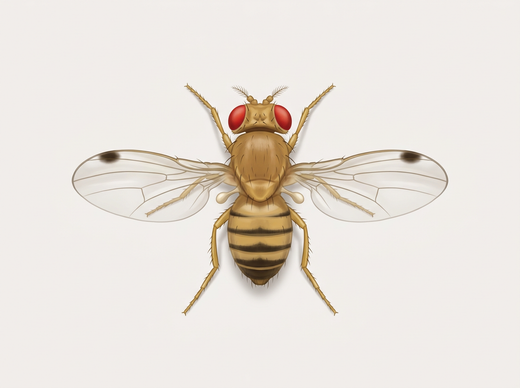 Männchen der Kirschessigfliege (Drosophila suzukii) von oben: kleine gelbbraune Fliege mit roten Augen und je einem dunklen Fleck an den Flügelspitzen