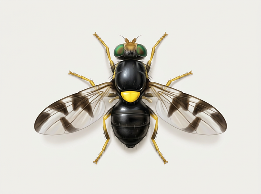 Europäische Kirschfruchtfliege (Rhagoletis cerasi) von oben: glänzend schwarzer Körper, gelbes Rückenschild, grüne Augen und durchsichtige Flügel mit dunklen Querbinden