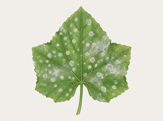 Komkommerblad met witte meeldauwvlekken op de bovenzijde van het blad