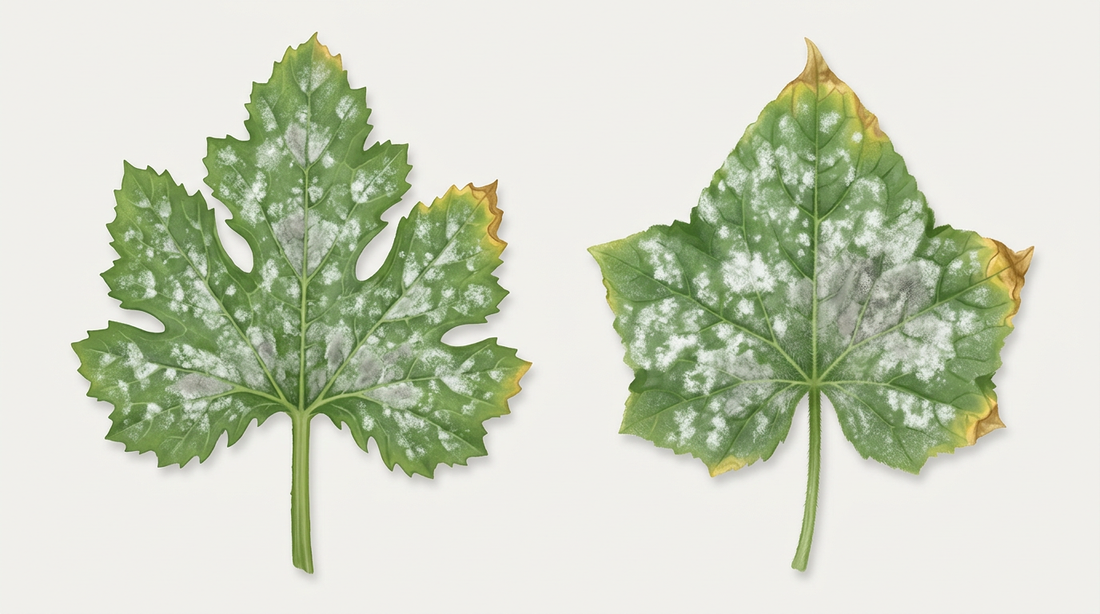 Courgette- en komkommerblad met een wit, melig laagje echte meeldauw op de bovenkant van het blad, dat aan de randen begint te vergelen