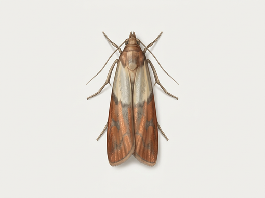 Gedroogde fruitmot (Plodia interpunctella) met tweekleurige voorvleugels, van bovenaf