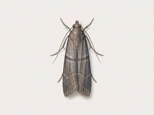 Cacaomot (Ephestia elutella) met grijsbruine voorvleugels, van bovenaf