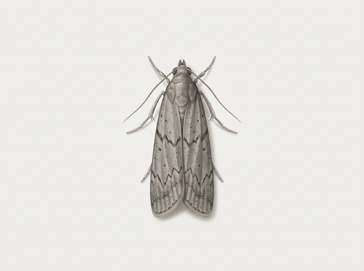 Maaltijdmot (Ephestia kuehniella) met grijze voorvleugels, van bovenaf