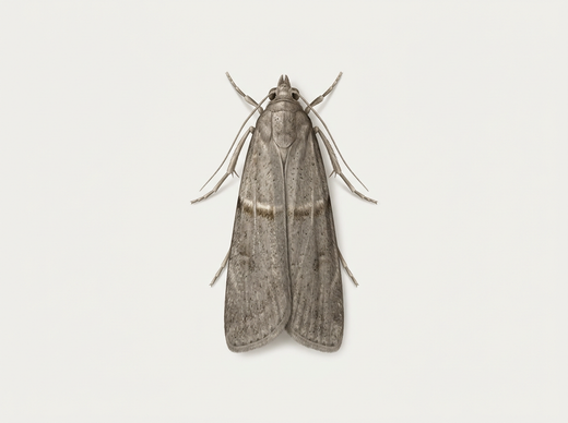Tropische opslagmot (Ephestia cautella) met grijsbruine voorvleugels, van bovenaf