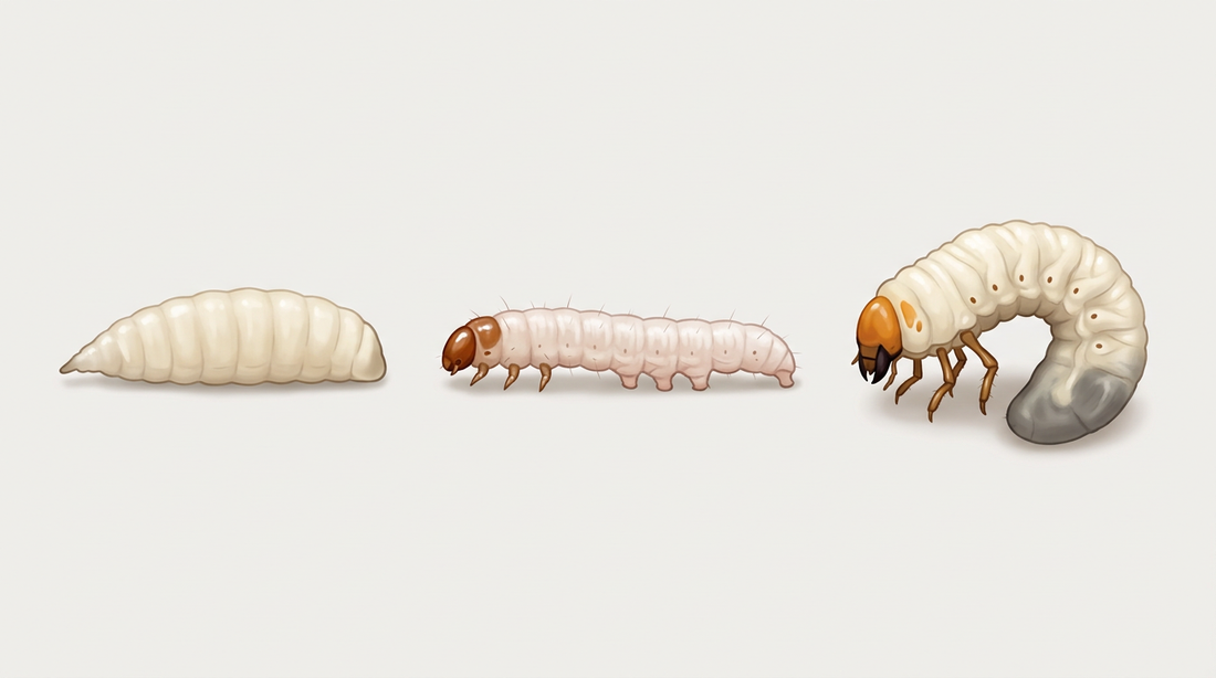 Vergelijking van drie soorten larven: links een pootloze witte vliegmade, in het midden een mottenrups met een bruine kop, borstpoten en buikpoten, rechts een C-vormige gebogen rups met een bruine kop en drie lange paar poten