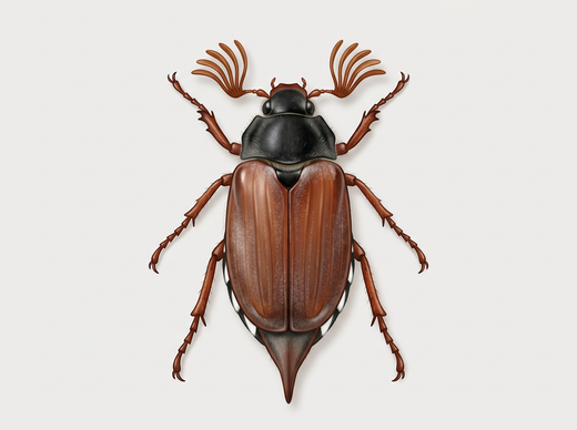 Veldmeikever (Melolontha melolontha) van bovenaf, bruin met witte driehoeken aan de zijkanten