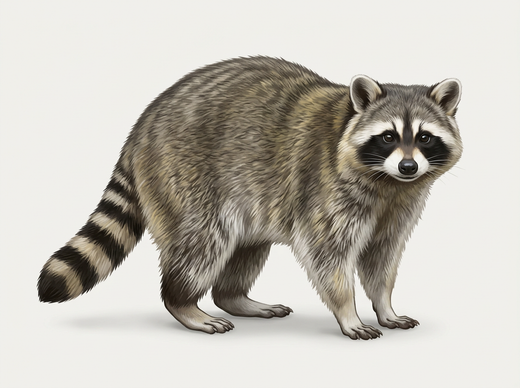Wasbeer (Procyon lotor) met zwart gezichtsmasker en gekrulde staart
