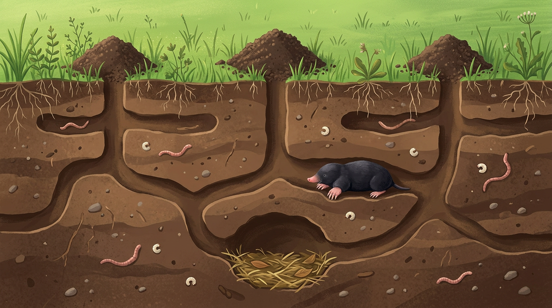 Dwarsdoorsnede van een gazon: een mol in zijn tunnelsysteem, daarboven een berg aarde direct boven de gang, dieper in de grond de woonkamer