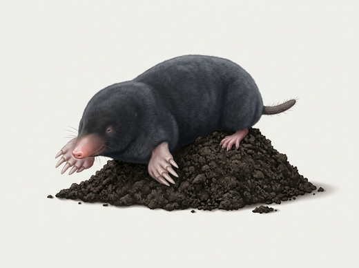 Europese mol (Talpa europaea) met zwarte vacht en brede graafscheppen op tuingrond
