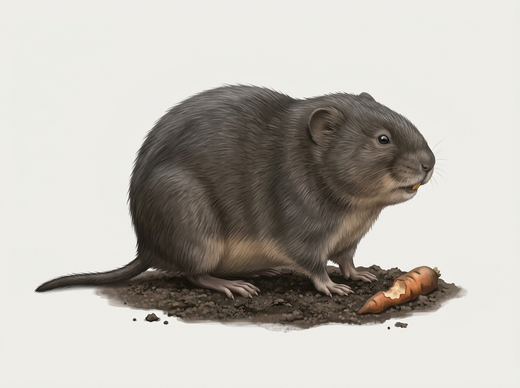 Grote woelmuis (watermuis) met grijsbruine vacht, stompe kop en korte staart op tuingrond