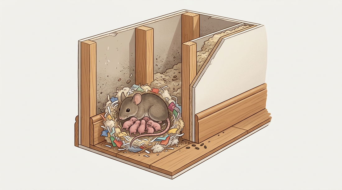 Dwarsdoorsnede van een muur: huismuis met naakte jonge dieren in een nest van papier en isolatieresten achter de plint, ervoor muizenuitwerpselen op de vloer