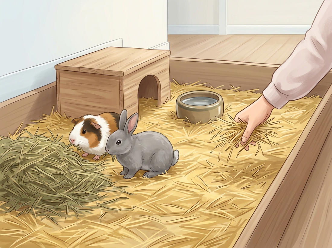 Illustratie: Een driekleurige cavia en een grijs dwergkonijn eten hooi in een schoon verblijf, een hand strooit vers stro