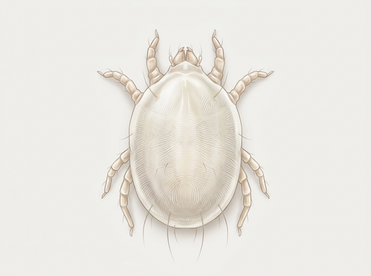 Huisstofmijt (Dermatophagoides) van bovenaf, grijswit met acht poten
