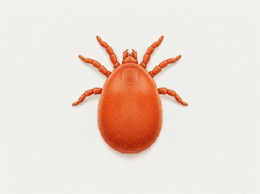 Larve van de herfstmijt (Neotrombicula herfstalis) van bovenaf, oranjerood met zes poten