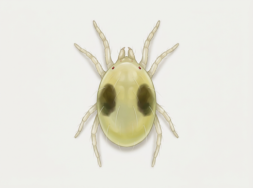 Gemeine Spinnmilbe (Tetranychus urticae) von oben, gelbgrün mit zwei dunklen Flecken und acht Beinen