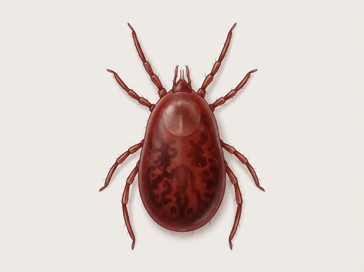 Rode vogelmijt (Dermanyssus gallinae) van bovenaf, rood vol met acht poten