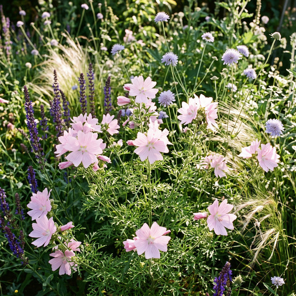 Moschus-Malve (Malva moschata) in Blüte im naturnahen Garten (KI-generiert)