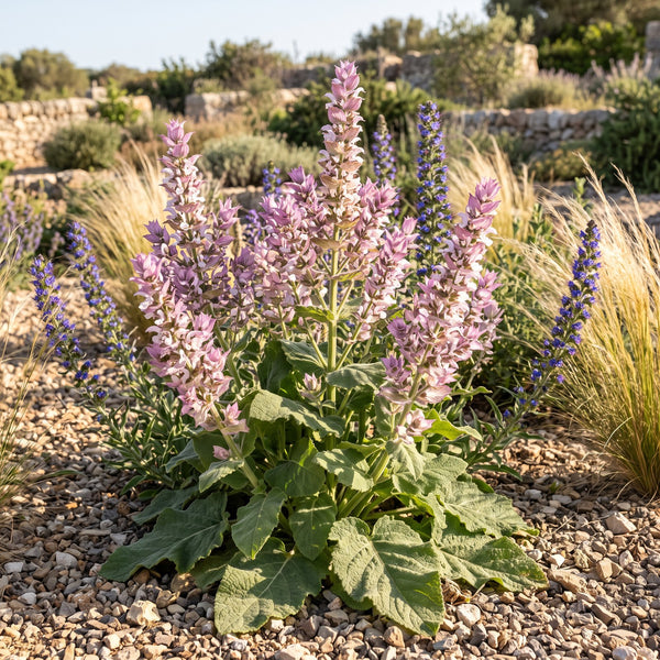 Muskateller-Salbei (Salvia sclarea) in Blüte im naturnahen Garten (KI-generiert)