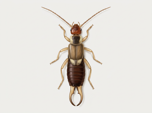 Oorworm (Forficula auricularia), mannetje van bovenaf, bruin met korte vleugeldeksels en sterk gebogen scharen op de buik