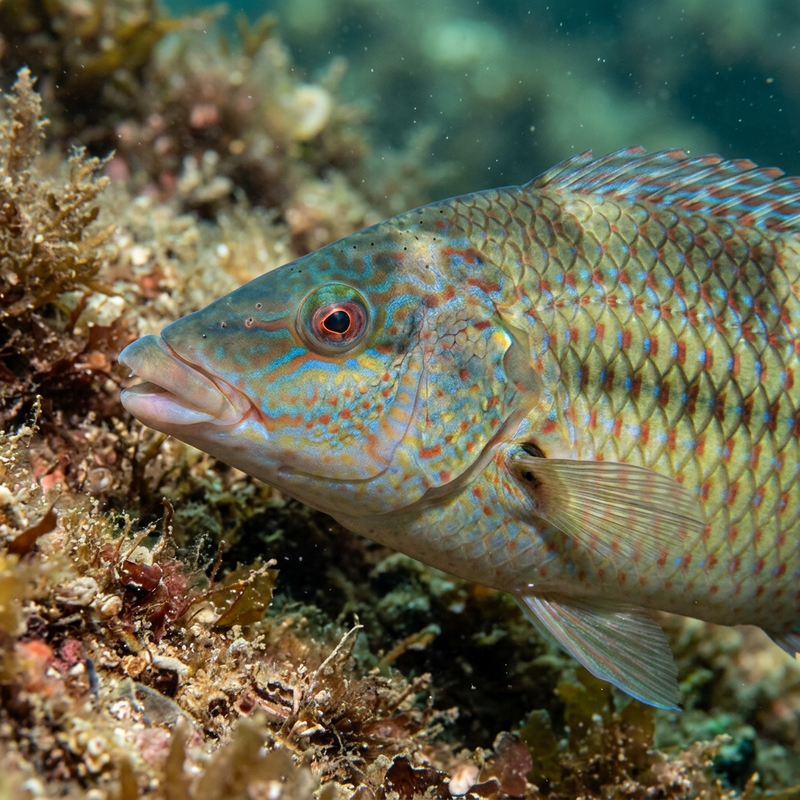 Pfauen-Lippfisch (Symphodus tinca), AI-illustratie
