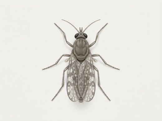 Bijtende mug (Culicoides) van bovenaf met gevlekte, overlappende vleugels