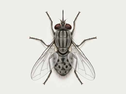 Kalfshoorn (Stomoxys calcitrans) van bovenaf met naar voren uitstekende proboscis