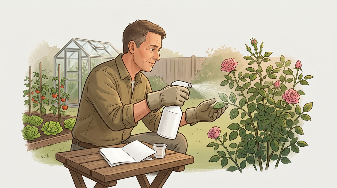 Hobbytuinman met handschoenen besproeit 's avonds de onderkant van een rozenstruik, gebruiksaanwijzing en maatbekers staan op tafel, op de achtergrond een moestuin en kas