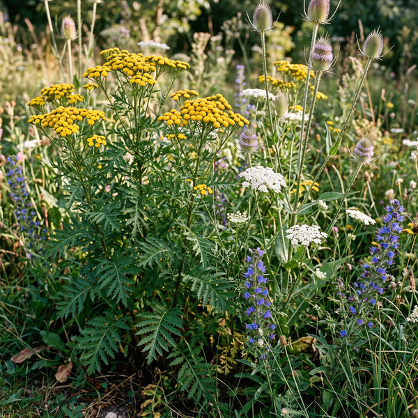 Rainfarn (Tanacetum vulgare) in Blüte im naturnahen Garten (KI-generiert)