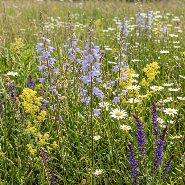 Rapunzel-Glockenblume (Campanula rapunculus) in Blüte im naturnahen Garten (KI-generiert)