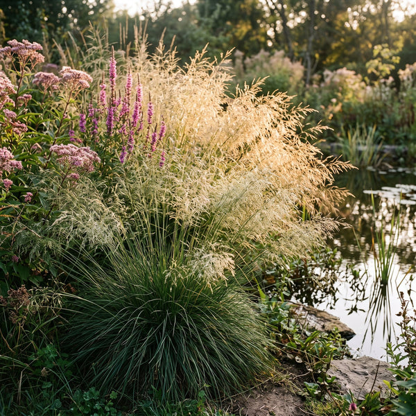 Rasen-Schmiele (Deschampsia cespitosa) in Blüte im naturnahen Garten (KI-generiert)