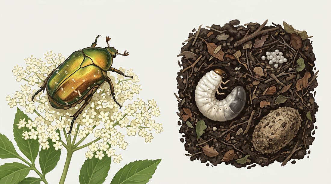 Ontwikkeling van de rozenkever: goudgroene kever op een vlierbloesem, daarnaast een doorsnede door een composthoop met eieren, een dikke witte larve en een cocon van aarde en compost