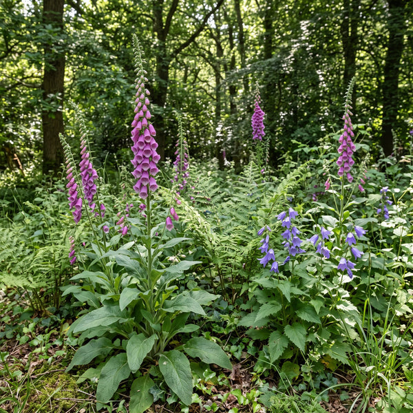 Roter Fingerhut (Digitalis purpurea) in Blüte im naturnahen Garten (KI-generiert)