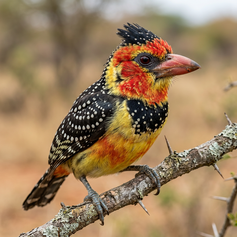 Rood-gele Baardvogel (Trachyphonus erythrocephalus), AI-illustratie