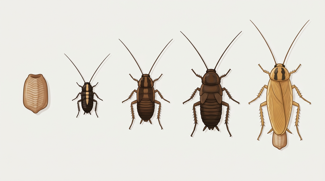 Ontwikkeling van de Duitse kakkerlak: lichtbruin eierpakketje, donkere juvenielen zonder vleugels in drie maten en volwassen vrouwtje dat een eierpakketje op haar buik draagt