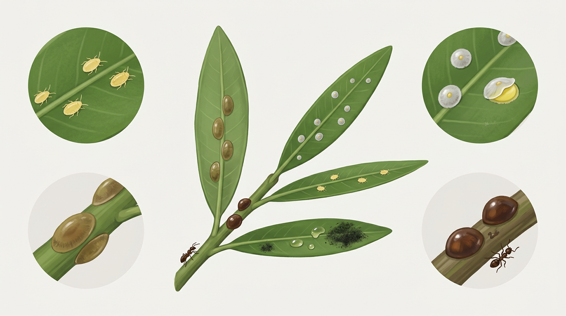 Schaalinsecten op een tak: platte bruinschubinsecten op de stengel, gebogen donkerbruine schubinsecten, kleine ronde witgrijsschubinsecten op het blad, zowel gele rondzwervende larven als honingdauw, roetdauw en een mier