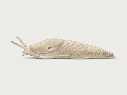 Gesaldeerde veldslak (Deroceras reticulatum) vanaf de zijkant, beige met een fijn donkervlekkenpatroon