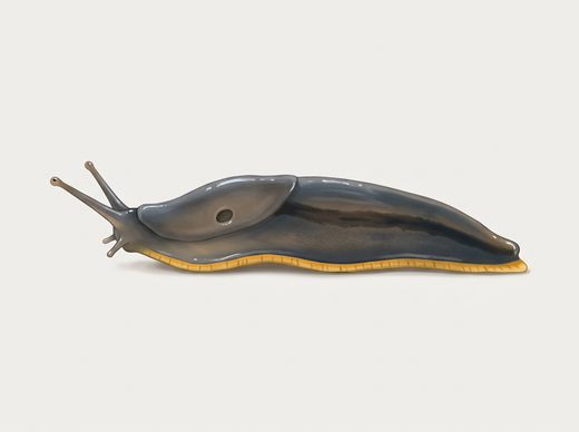 Tuinslak (Arion hortensis) van opzij, donkergrijs met geeloranje kruipzool