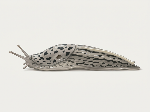 Tijgerslak (Limax maximus) vanaf de zijkant, lichtgrijs met donkere vlekken en lengtestrepen