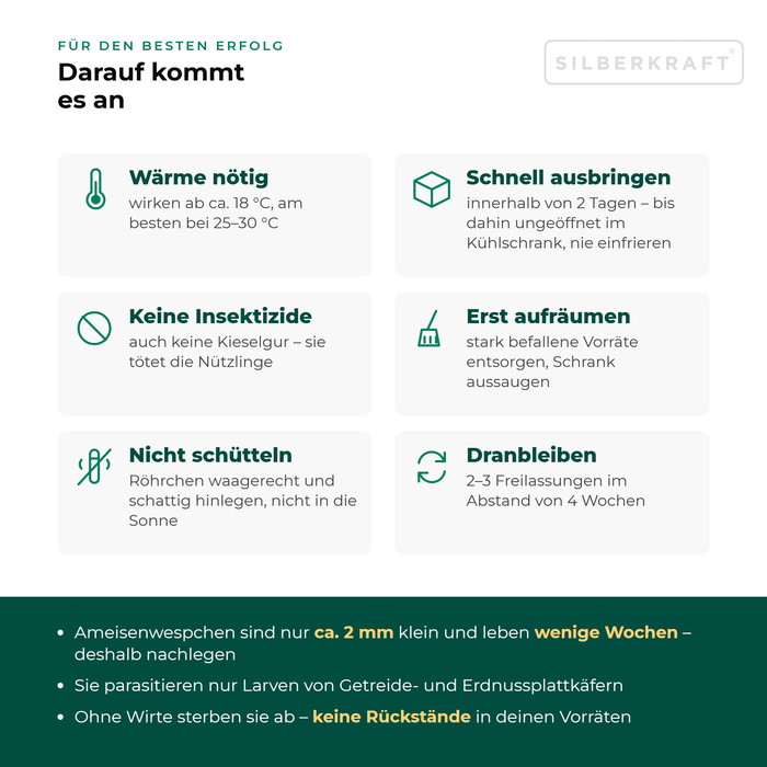 Tips voor mierenwespen: werkzaam vanaf ca. 18 °C, binnen 2 dagen uitzetten, niet schudden, geen insecticiden of diatomeeënaarde